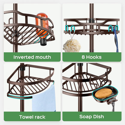 Shower Caddy Tension Pole: Rustproof Quick Install Standing Corner Bathroom Organizer Shelf on Floor for Renters - 4-Tier Large Capacity Storage Rack with Soap Holder for Apartment -Black