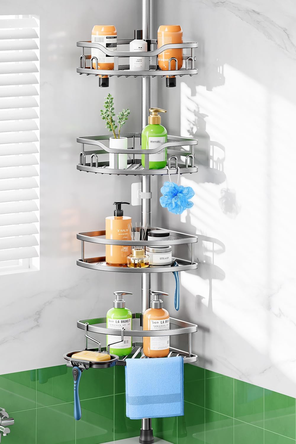Shower Caddy Tension Pole: Rustproof Quick Install Standing Corner Bathroom Organizer Shelf on Floor for Renters - 4-Tier Large Capacity Storage Rack with Soap Holder for Apartment -Black