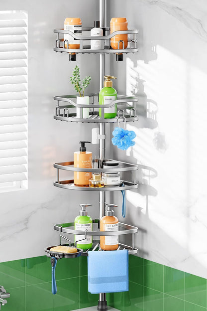 Shower Caddy Tension Pole: Rustproof Quick Install Standing Corner Bathroom Organizer Shelf on Floor for Renters - 4-Tier Large Capacity Storage Rack with Soap Holder for Apartment -Black