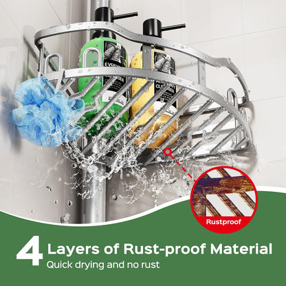 Shower Caddy Tension Pole: Rustproof Quick Install Standing Corner Bathroom Organizer Shelf on Floor for Renters - 4-Tier Large Capacity Storage Rack with Soap Holder for Apartment -Black