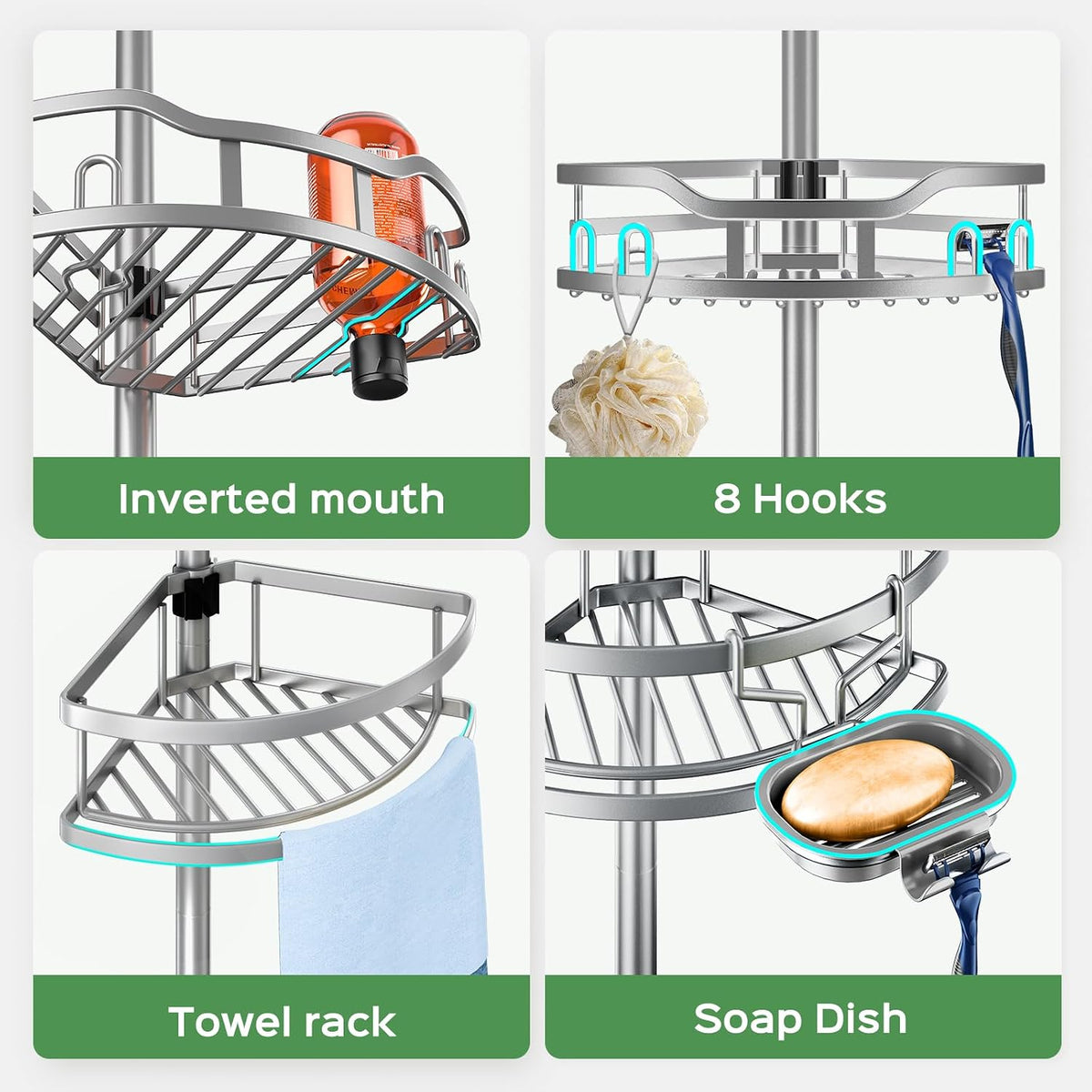 Shower Caddy Tension Pole: Rustproof Quick Install Standing Corner Bathroom Organizer Shelf on Floor for Renters - 4-Tier Large Capacity Storage Rack with Soap Holder for Apartment -Black