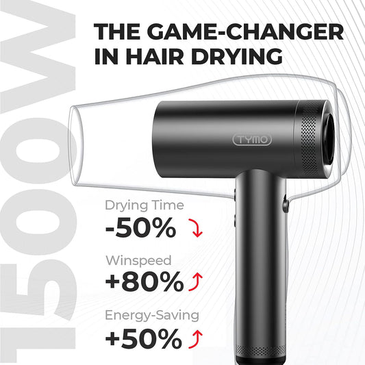 TYMO Blow Dryer with Comb - 1500W Professional High Speed Blow Dryer with Diffuser, 110,000RPM Fast Dry, 200 Million Ionic Diffuser Hairdryer, 4 Temps & 3 Speeds, 8 Ft Cord for Salon, Metal Gray