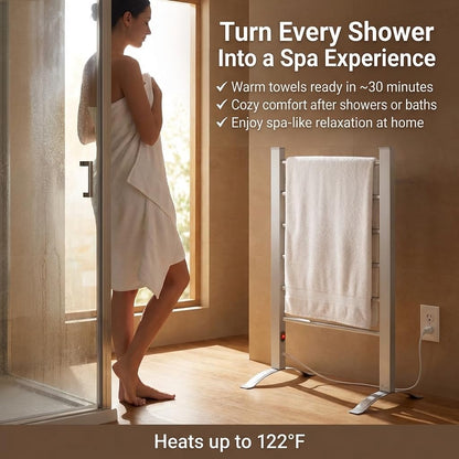 TW300 Towel Warmer Rack for Bathroom – 6-Bar Electric Heated Towel Rack, Wall Mounted or Freestanding Setup, Plug-In Towel Dryer, Minimal Assembly Chrome-Plated