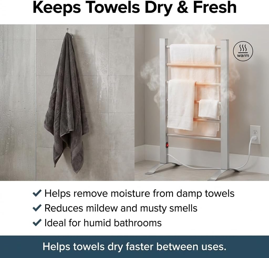 TW300 Towel Warmer Rack for Bathroom – 6-Bar Electric Heated Towel Rack, Wall Mounted or Freestanding Setup, Plug-In Towel Dryer, Minimal Assembly Chrome-Plated