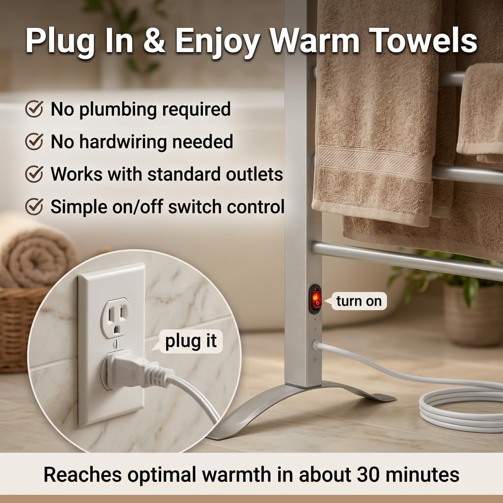 TW300 Towel Warmer Rack for Bathroom – 6-Bar Electric Heated Towel Rack, Wall Mounted or Freestanding Setup, Plug-In Towel Dryer, Minimal Assembly Chrome-Plated