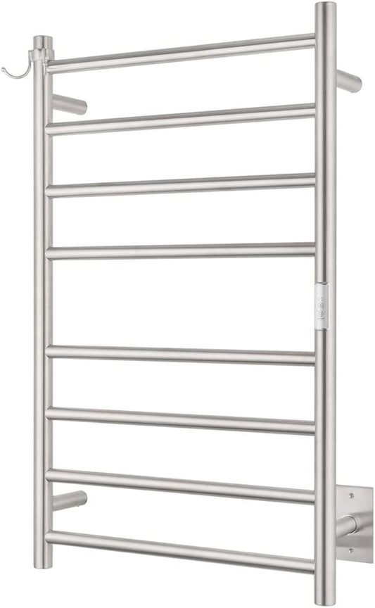 8-Bar Wall-Mounted Towel Warmer, Plug/Hardwired, 3 Timers | can be surface-mounted or flush-mounted, with wiring/cable exit available on either the right or left side,Brushed