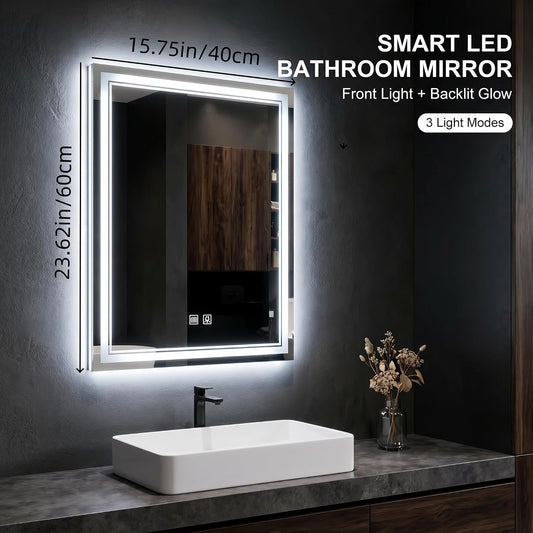 LED Bathroom Mirror, 16 x 24 Inch Anti-Fog Bathroom Mirror with Lights | Vanity Mirrors with Backlit Lights for Shaving, Dimmable Color Lighting, Vertically Only