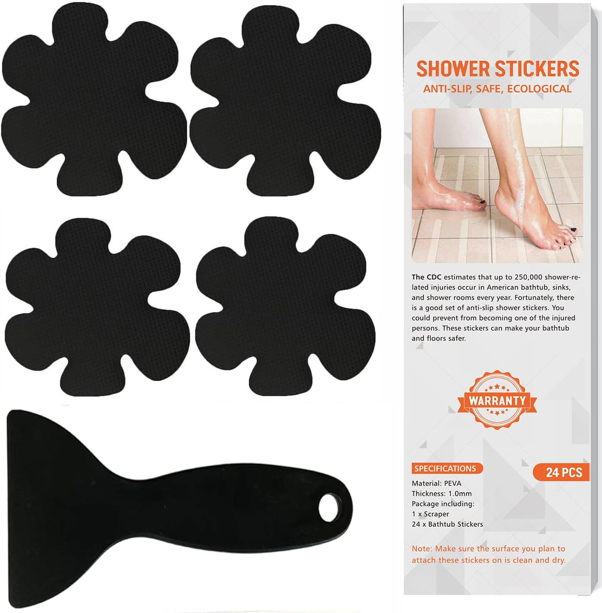 Non Slip Bathtub Stickers, 24 PCS Shower Stickers for Safety Bathroom Tubs, Bathtub Non Slip Stickers and Adhesive Decals Scraper for Bath Tub, Shower Floor, Stairs, Ladders(Flower Shape, Clear)