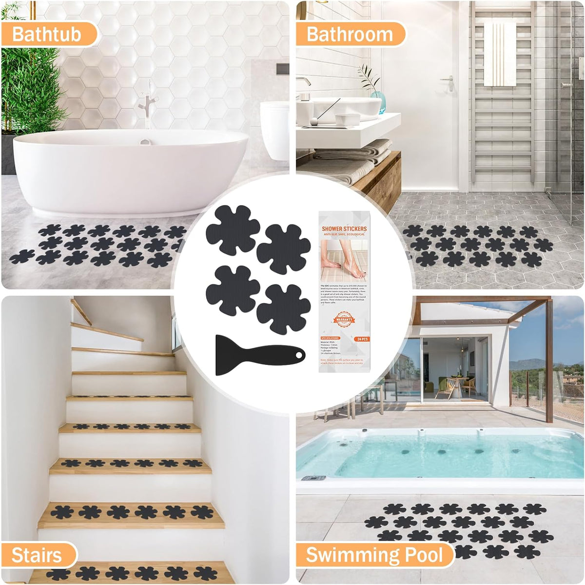 Non Slip Bathtub Stickers, 24 PCS Shower Stickers for Safety Bathroom Tubs, Bathtub Non Slip Stickers and Adhesive Decals Scraper for Bath Tub, Shower Floor, Stairs, Ladders(Flower Shape, Clear)