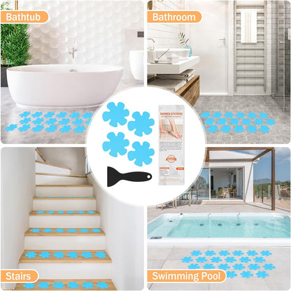Non Slip Bathtub Stickers, 24 PCS Shower Stickers for Safety Bathroom Tubs, Bathtub Non Slip Stickers and Adhesive Decals Scraper for Bath Tub, Shower Floor, Stairs, Ladders(Flower Shape, Clear)