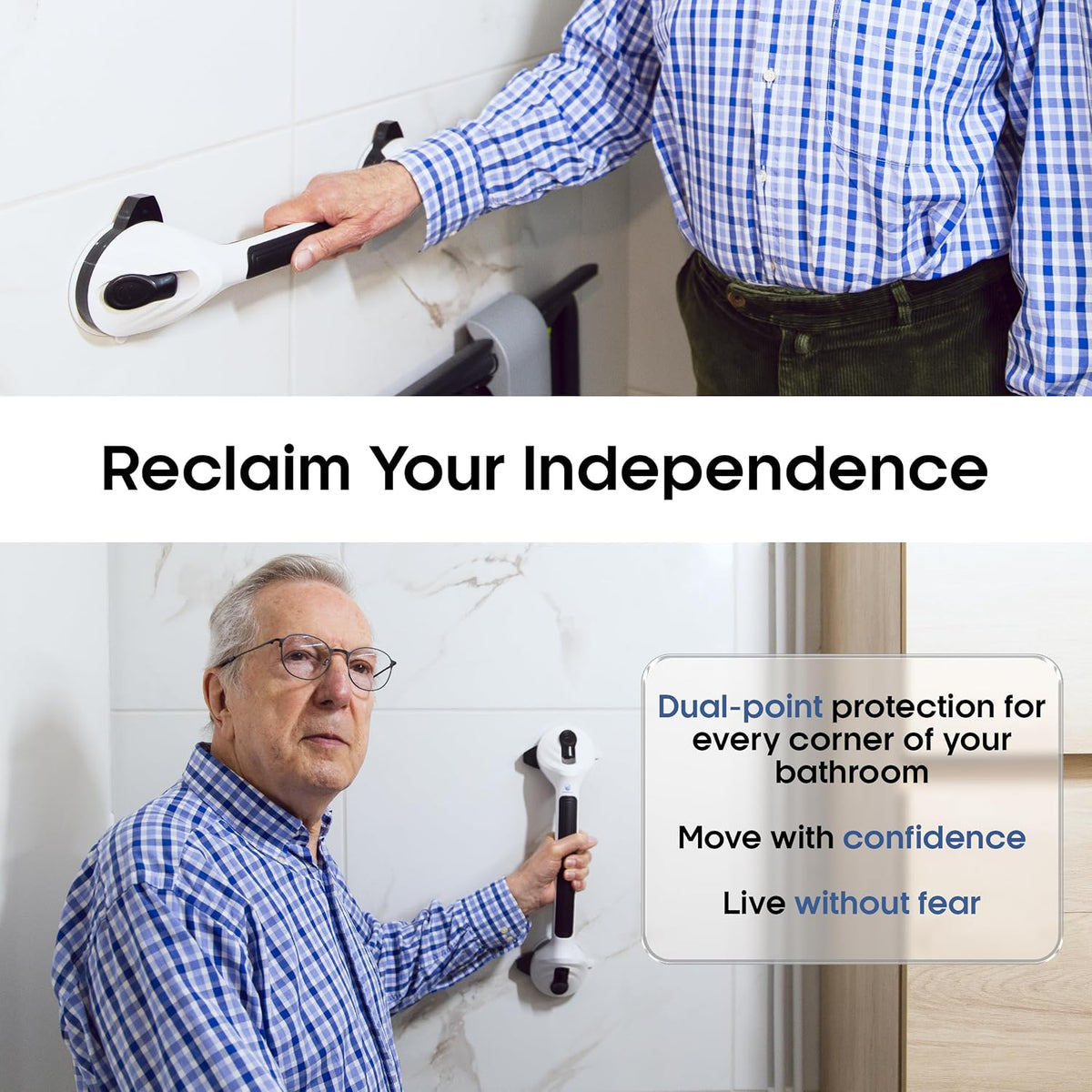 Grab Bars for Shower, 16.85 Inch Shower Handle for Seniors & Elderly, 2 Pack | Safety Indicator, Strong Suction Cup, No Drill, Anti-Slip, Removable, for Bathroom Wall, Bathtub, Handicap