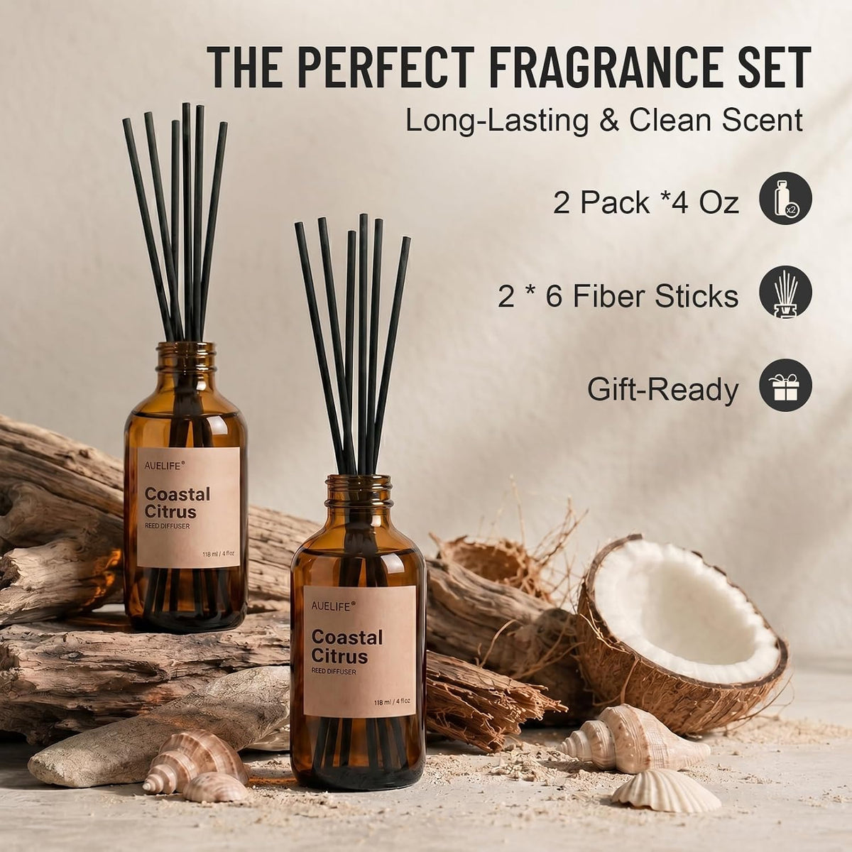 Reed Diffuser for Home, Coastal Citrus Scent Diffuser 2 Pack 8Fl Oz