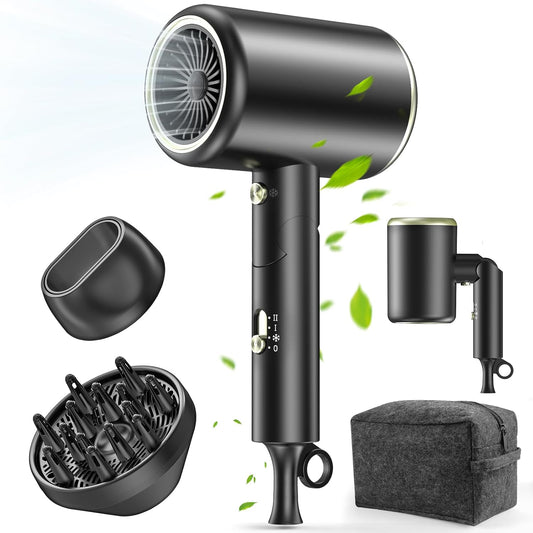 Hair Dryer, 150000RPM Ionic Blow Dryer - Fast Drying, Low Noise, Foldable Portable with Diffuser and Nozzle, Compact Mini for Women and Men, Home and Travel (Black)