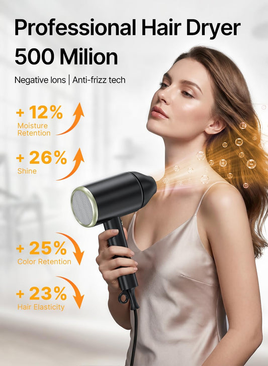Hair Dryer, 150000RPM Ionic Blow Dryer - Fast Drying, Low Noise, Foldable Portable with Diffuser and Nozzle, Compact Mini for Women and Men, Home and Travel (Black)