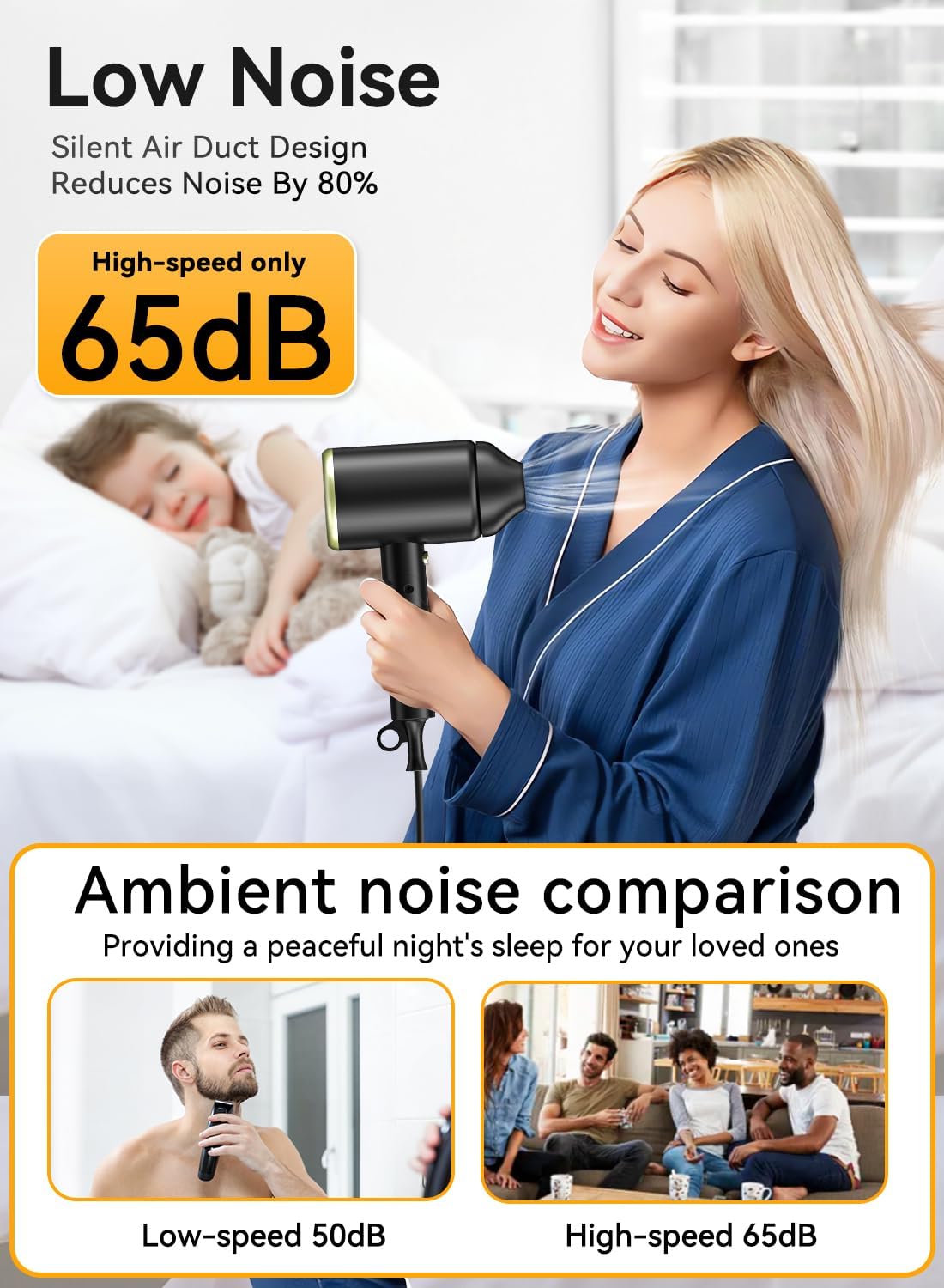 Hair Dryer, 150000RPM Ionic Blow Dryer - Fast Drying, Low Noise, Foldable Portable with Diffuser and Nozzle, Compact Mini for Women and Men, Home and Travel (Black)