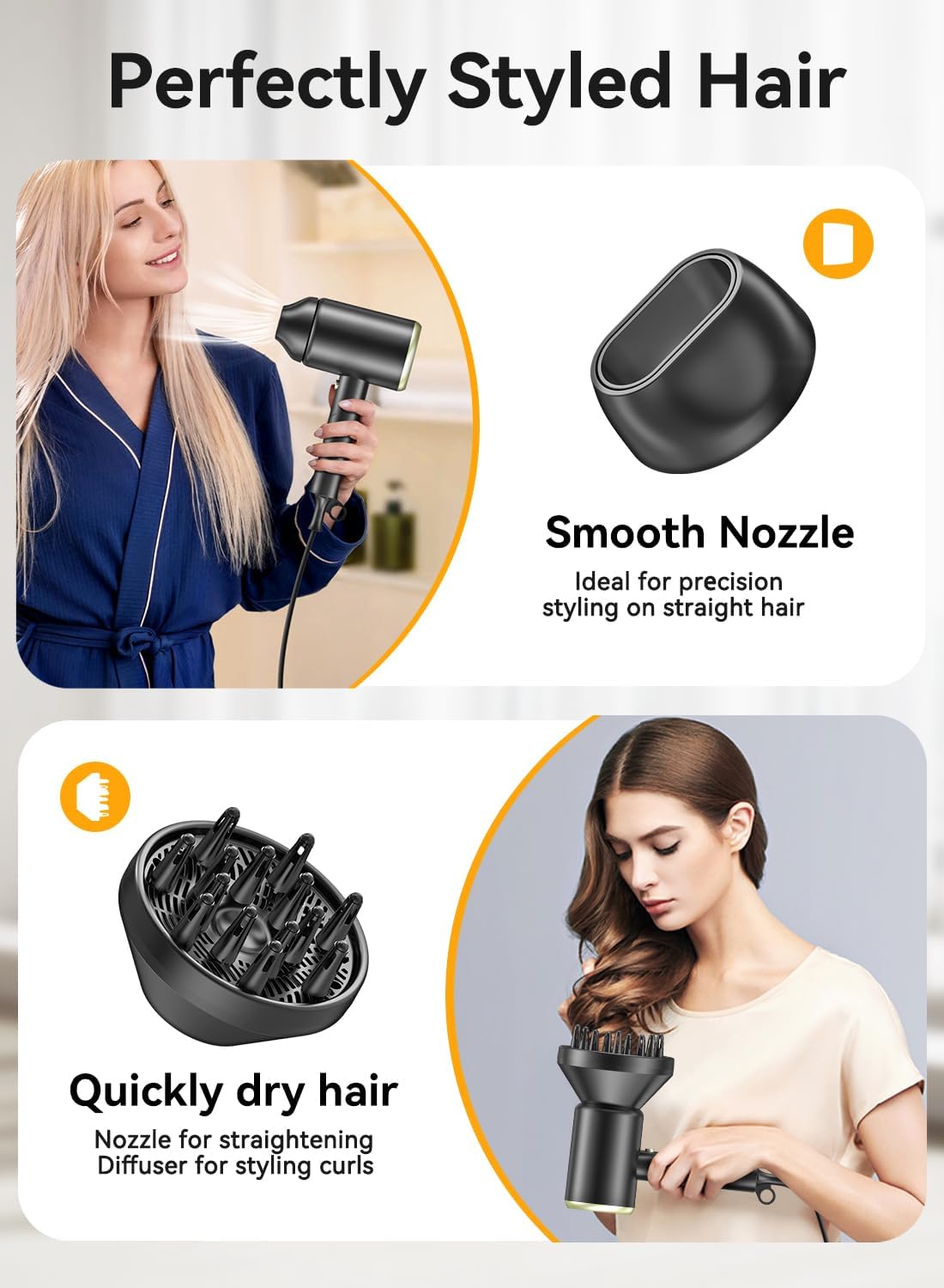 Hair Dryer, 150000RPM Ionic Blow Dryer - Fast Drying, Low Noise, Foldable Portable with Diffuser and Nozzle, Compact Mini for Women and Men, Home and Travel (Black)