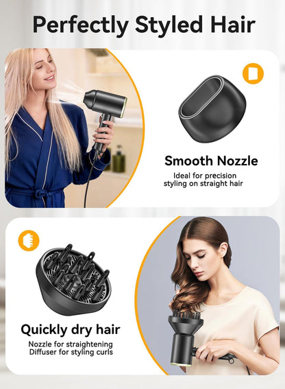 Hair Dryer, 150000RPM Ionic Blow Dryer - Fast Drying, Low Noise, Foldable Portable with Diffuser and Nozzle, Compact Mini for Women and Men, Home and Travel (Black)