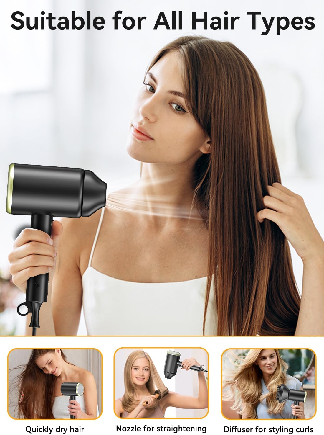 Hair Dryer, 150000RPM Ionic Blow Dryer - Fast Drying, Low Noise, Foldable Portable with Diffuser and Nozzle, Compact Mini for Women and Men, Home and Travel (Black)