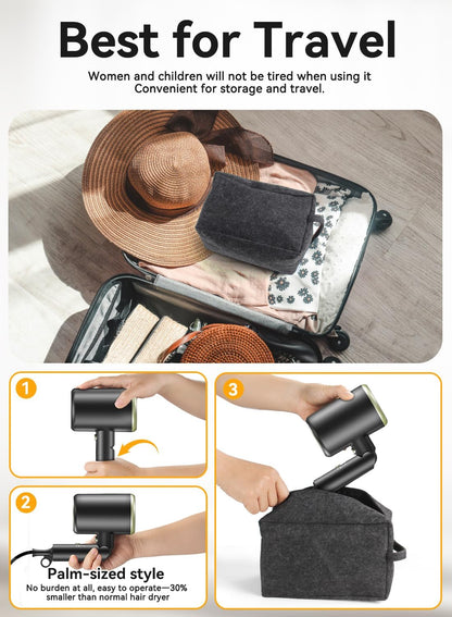 Hair Dryer, 150000RPM Ionic Blow Dryer - Fast Drying, Low Noise, Foldable Portable with Diffuser and Nozzle, Compact Mini for Women and Men, Home and Travel (Black)