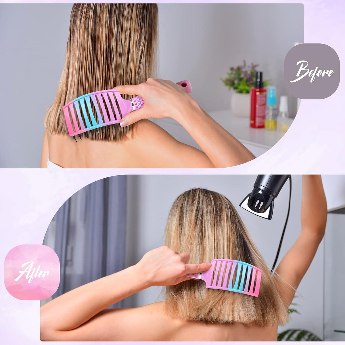 Boar Bristle Hair Brush Curved Vented Detangler Brush Faster Blow Drying, Paddle Detangling Brush for Women Men Kids Wet Dry Long Curly Thick Straight Hair, Make Hair Shiny and Healthier(Purple+Green)