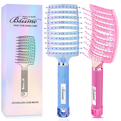 Boar Bristle Hair Brush Curved Vented Detangler Brush Faster Blow Drying, Paddle Detangling Brush for Women Men Kids Wet Dry Long Curly Thick Straight Hair, Make Hair Shiny and Healthier(Purple+Green)