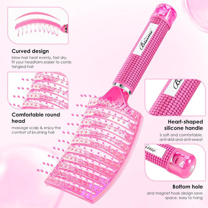 Boar Bristle Hair Brush Curved Vented Detangler Brush Faster Blow Drying, Paddle Detangling Brush for Women Men Kids Wet Dry Long Curly Thick Straight Hair, Make Hair Shiny and Healthier(Purple+Green)
