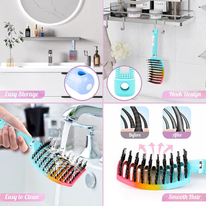 Boar Bristle Hair Brush Curved Vented Detangler Brush Faster Blow Drying, Paddle Detangling Brush for Women Men Kids Wet Dry Long Curly Thick Straight Hair, Make Hair Shiny and Healthier(Purple+Green)