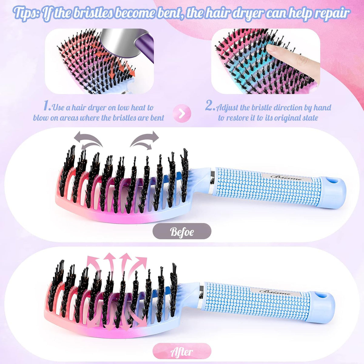 Boar Bristle Hair Brush Curved Vented Detangler Brush Faster Blow Drying, Paddle Detangling Brush for Women Men Kids Wet Dry Long Curly Thick Straight Hair, Make Hair Shiny and Healthier(Purple+Green)