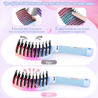 Boar Bristle Hair Brush Curved Vented Detangler Brush Faster Blow Drying, Paddle Detangling Brush for Women Men Kids Wet Dry Long Curly Thick Straight Hair, Make Hair Shiny and Healthier(Purple+Green)