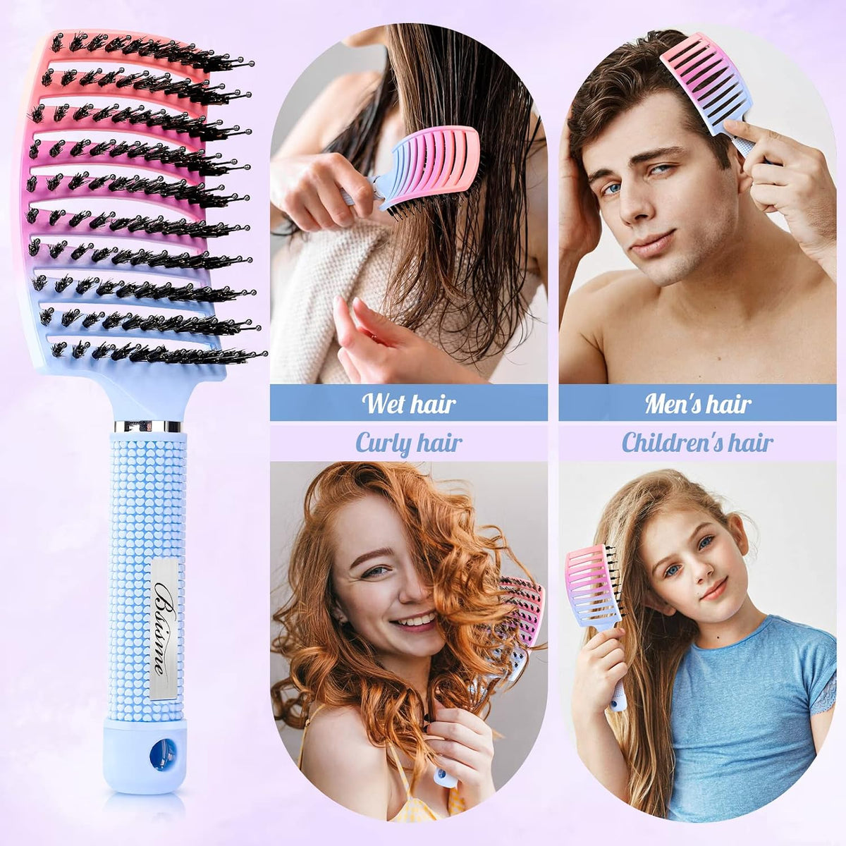 Boar Bristle Hair Brush Curved Vented Detangler Brush Faster Blow Drying, Paddle Detangling Brush for Women Men Kids Wet Dry Long Curly Thick Straight Hair, Make Hair Shiny and Healthier(Purple+Green)
