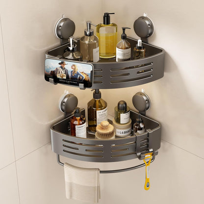 Corner Shower Caddy Suction Cup Shower Shelf Corner No Drilling Bathroom Shower Organizer Storage Rack Adhesive with Towel Bar Hooks (Gray)
