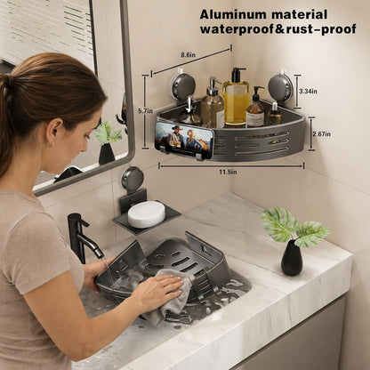 Corner Shower Caddy Suction Cup Shower Shelf Corner No Drilling Bathroom Shower Organizer Storage Rack Adhesive with Towel Bar Hooks (Gray)