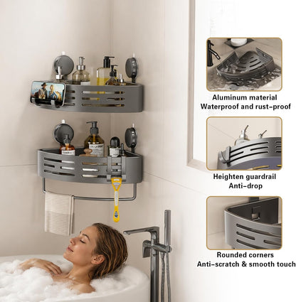 Corner Shower Caddy Suction Cup Shower Shelf Corner No Drilling Bathroom Shower Organizer Storage Rack Adhesive with Towel Bar Hooks (Gray)
