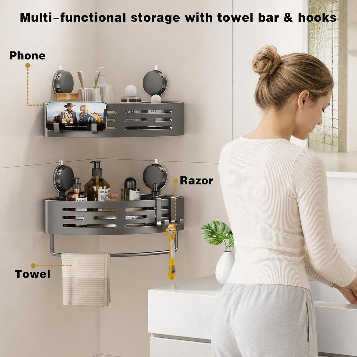Corner Shower Caddy Suction Cup Shower Shelf Corner No Drilling Bathroom Shower Organizer Storage Rack Adhesive with Towel Bar Hooks (Gray)
