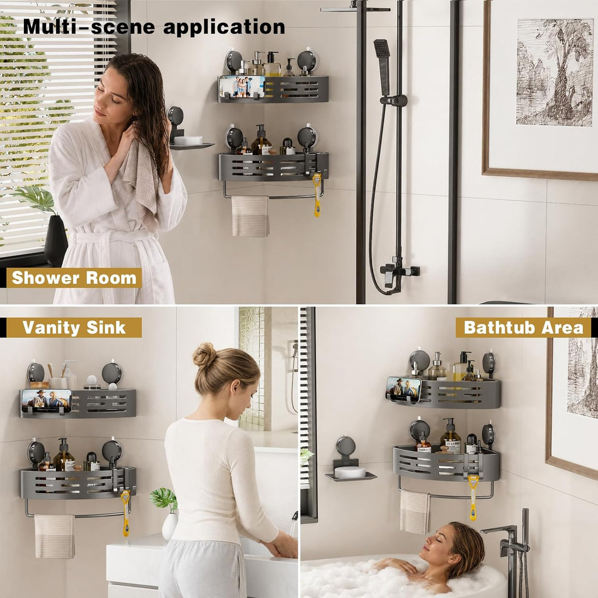Corner Shower Caddy Suction Cup Shower Shelf Corner No Drilling Bathroom Shower Organizer Storage Rack Adhesive with Towel Bar Hooks (Gray)