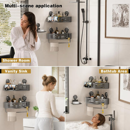 Corner Shower Caddy Suction Cup Shower Shelf Corner No Drilling Bathroom Shower Organizer Storage Rack Adhesive with Towel Bar Hooks (Gray)