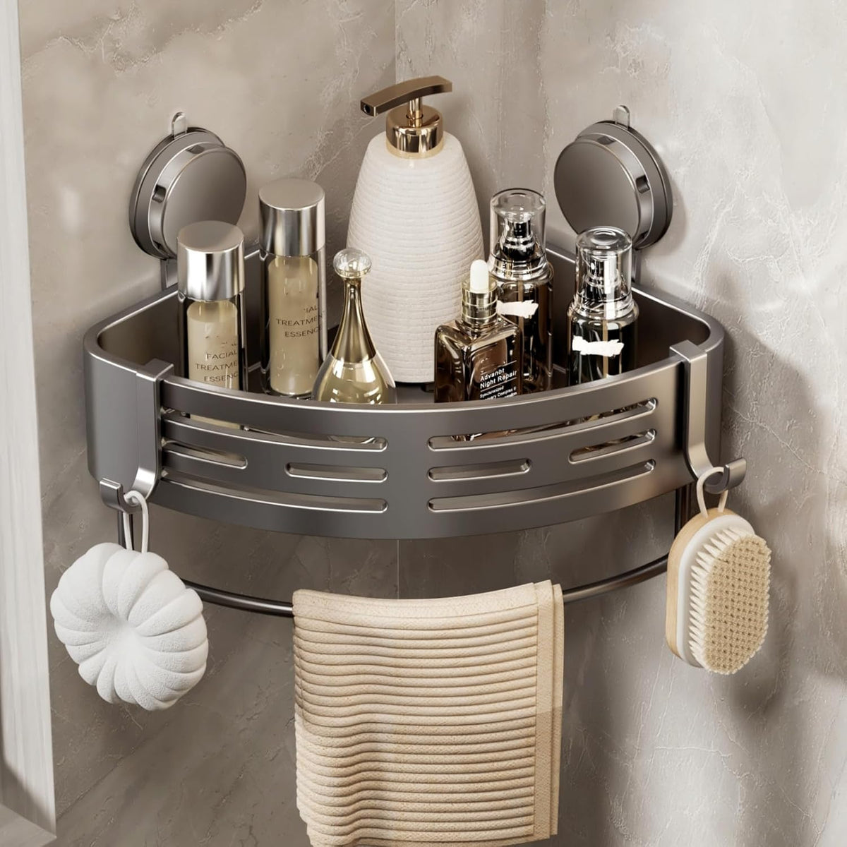 Corner Shower Caddy Suction Cup Shower Shelf Corner No Drilling Bathroom Shower Organizer Storage Rack Adhesive with Towel Bar Hooks (Gray)