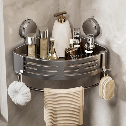 Corner Shower Caddy Suction Cup Shower Shelf Corner No Drilling Bathroom Shower Organizer Storage Rack Adhesive with Towel Bar Hooks (Gray)