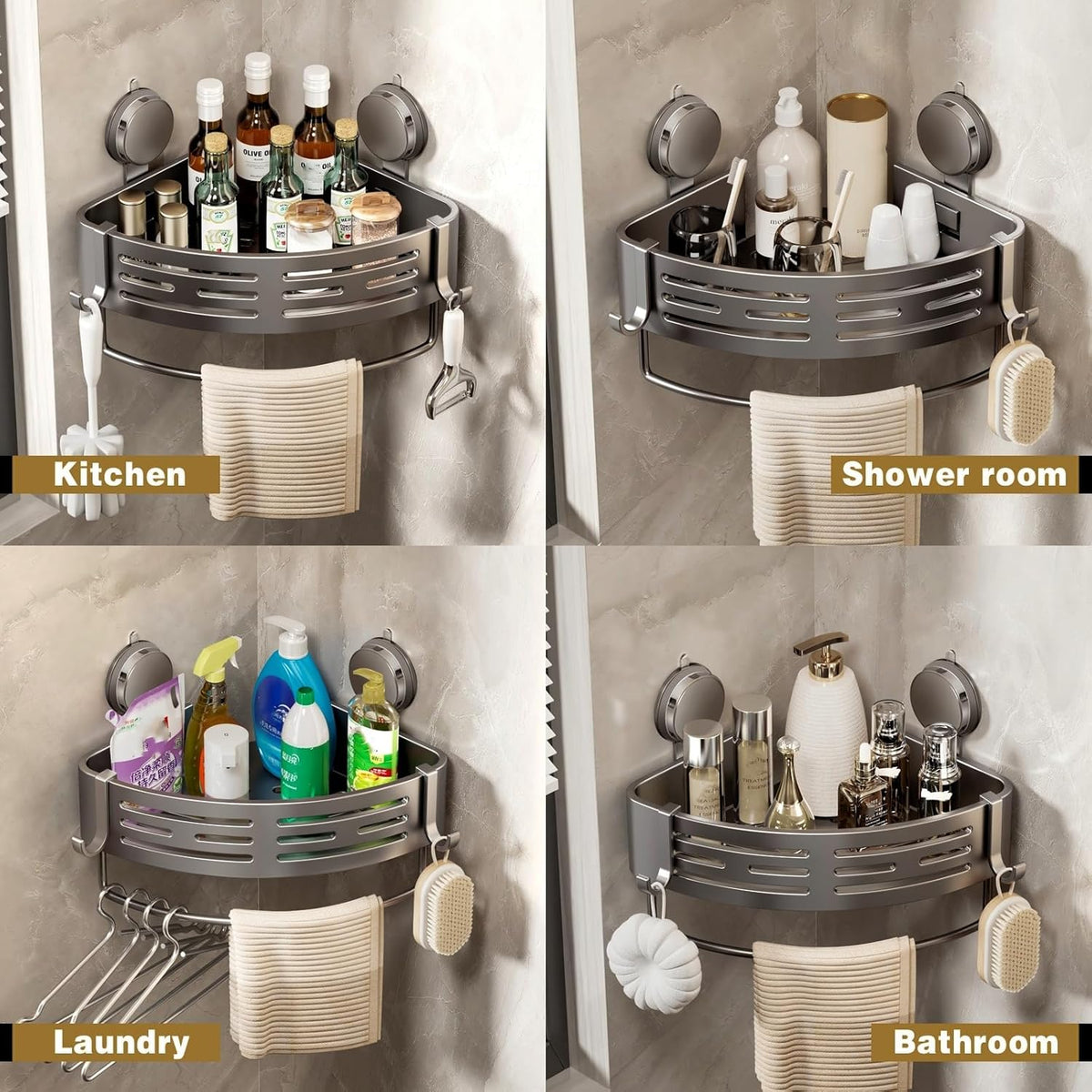 Corner Shower Caddy Suction Cup Shower Shelf Corner No Drilling Bathroom Shower Organizer Storage Rack Adhesive with Towel Bar Hooks (Gray)
