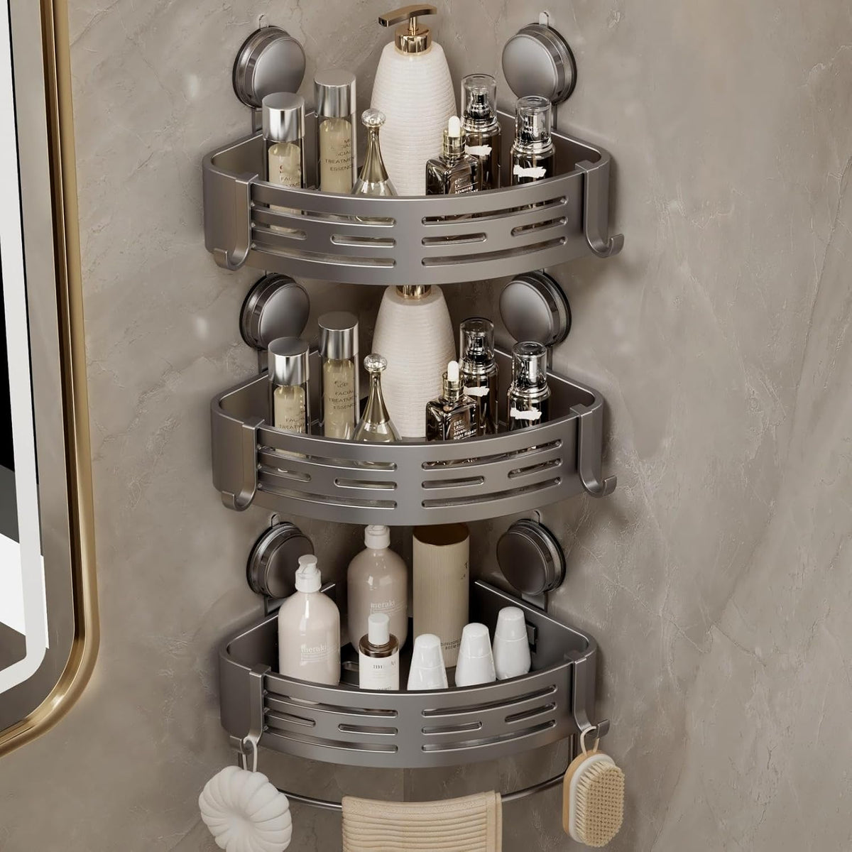 Corner Shower Caddy Suction Cup Shower Shelf Corner No Drilling Bathroom Shower Organizer Storage Rack Adhesive with Towel Bar Hooks (Gray)