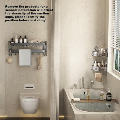 Corner Shower Caddy Suction Cup Shower Shelf Corner No Drilling Bathroom Shower Organizer Storage Rack Adhesive with Towel Bar Hooks (Gray)