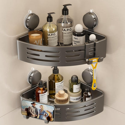 Corner Shower Caddy Suction Cup Shower Shelf Corner No Drilling Bathroom Shower Organizer Storage Rack Adhesive with Towel Bar Hooks (Gray)