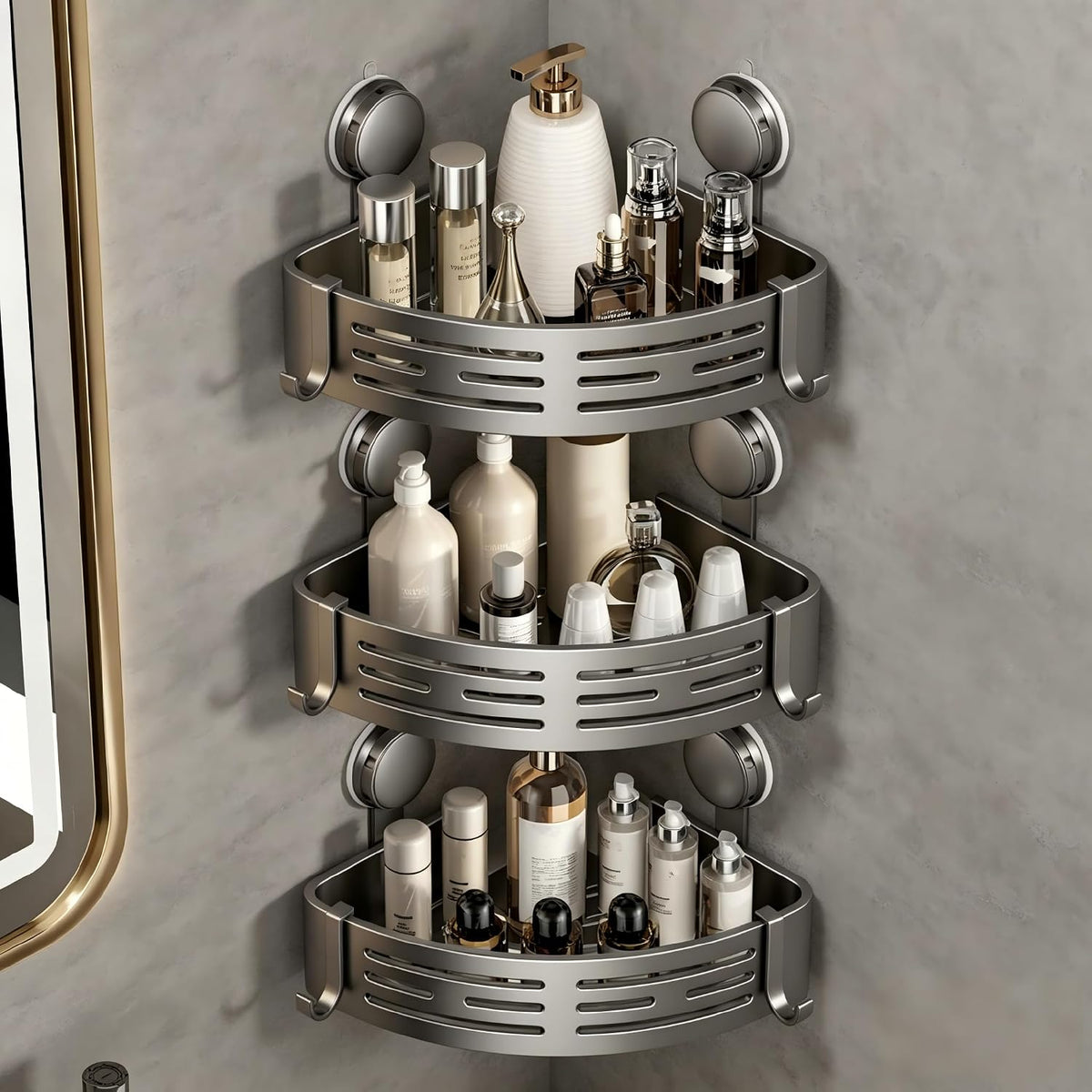 Corner Shower Caddy Suction Cup Shower Shelf Corner No Drilling Bathroom Shower Organizer Storage Rack Adhesive with Towel Bar Hooks (Gray)