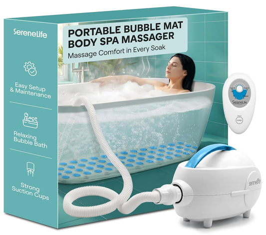 Portable Spa Bubble Bath Massager - Waterproof Non-Slip Mat with Suction Cup Bottom, Motorized Air Pump and Adjustable Bubble Settings, Remote Control Included, 47" x 14"