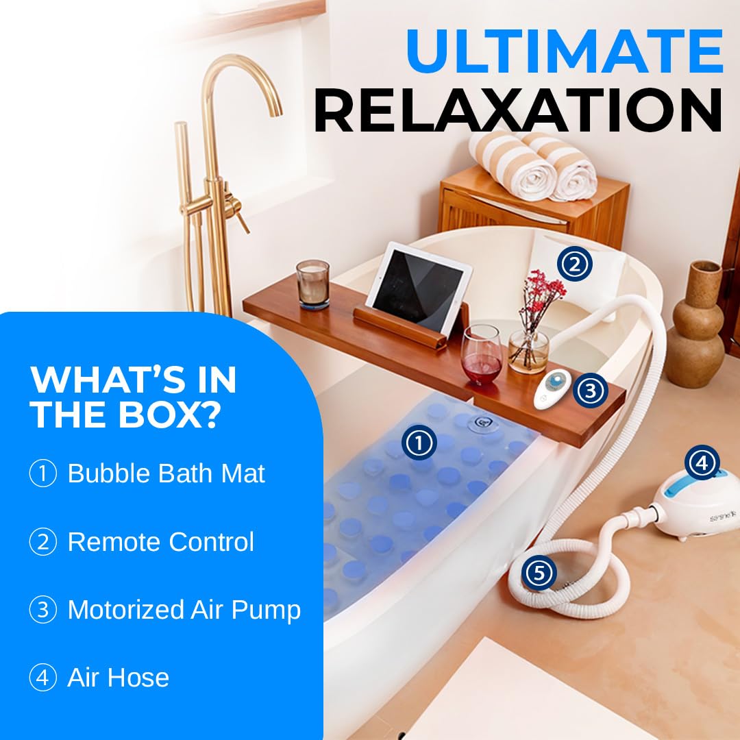 Portable Spa Bubble Bath Massager - Waterproof Non-Slip Mat with Suction Cup Bottom, Motorized Air Pump and Adjustable Bubble Settings, Remote Control Included, 47" x 14"