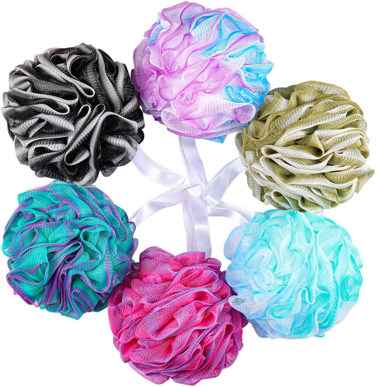 75g/Pc Large Loofahs Shower Sponge, Exfoliating Body Scrubber Shower Scrunchies Mesh Pouf Bath Sponges - Pack of 6