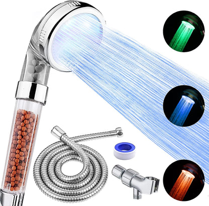 LED Shower Head with Handheld, High Pressure Shower Head with Hose, Holder & PTFE Tape etc, 3 Water Temperature-Controlled Water Saving Filtered Shower Head for Dry Hair& Skin