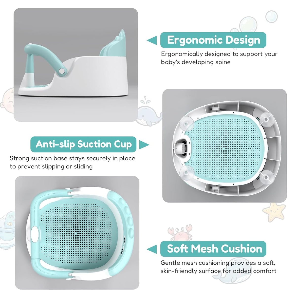 Baby Bath Seat for Babies 6 Months & Up Sitting Up with Suction Cups, Green | 360° Stable Toddler Bath Chair with One-Touch Button | Baby Bath Tub Seat, Open Design, Detachable, Non-Slip, Easy to Clean
