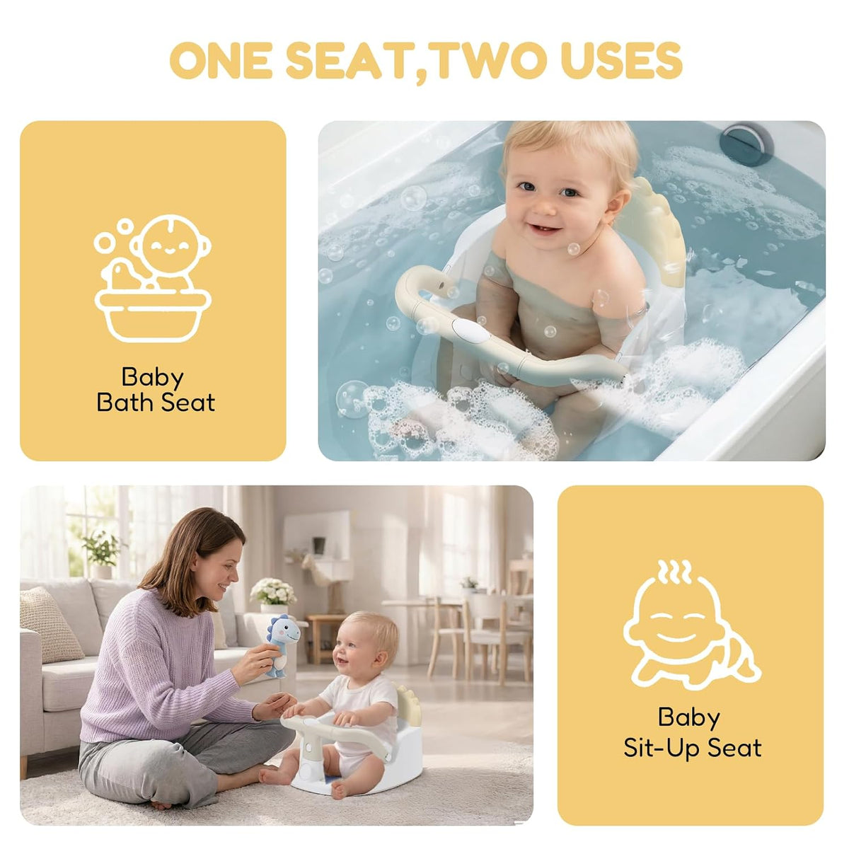 Baby Bath Seat for Babies 6 Months & Up Sitting Up with Suction Cups, Green | 360° Stable Toddler Bath Chair with One-Touch Button | Baby Bath Tub Seat, Open Design, Detachable, Non-Slip, Easy to Clean