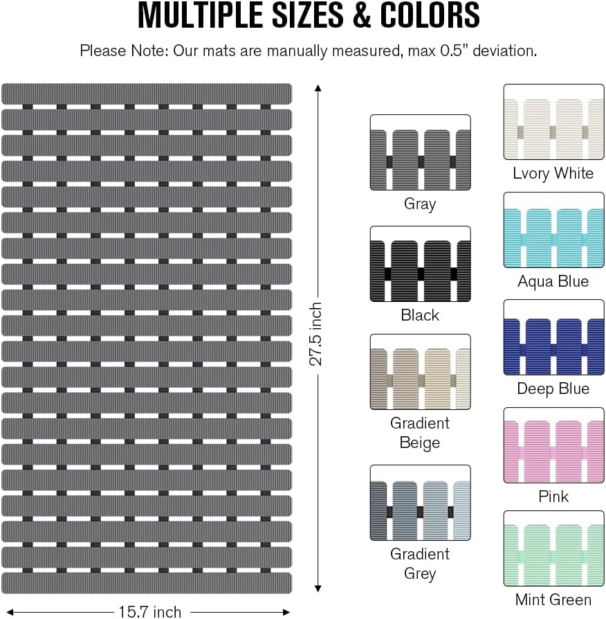 Bathtub Mat Non Slip, Shower Mat for Inside Shower, Suction Cups Design and Drain Holes, 27.5 X 15.7 Inch, Bathroom Essentials Safe, Easy to DIY Cut, Soft and Eco-Friendly Materials